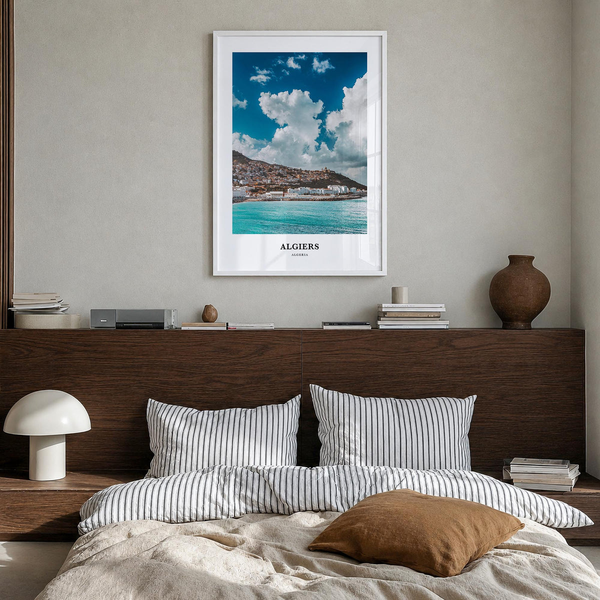 Algiers colorful classic poster of Algeria – vertical wall art in white wood frame, hanging on wall
