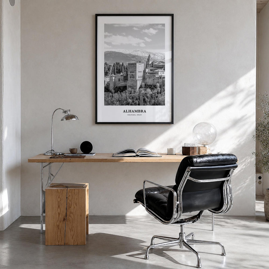 Alhambra black & white classic poster of California, USA – vertical wall art in black wood frame, hanging on wall