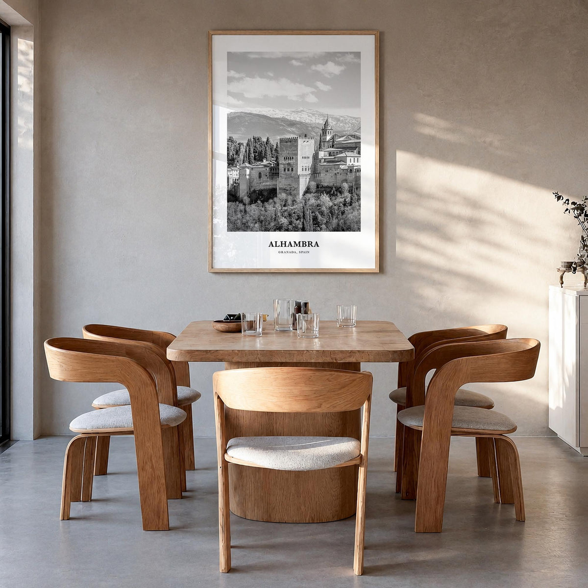 Alhambra black & white classic poster of California, USA – vertical wall art in natural wood frame, hanging on wall