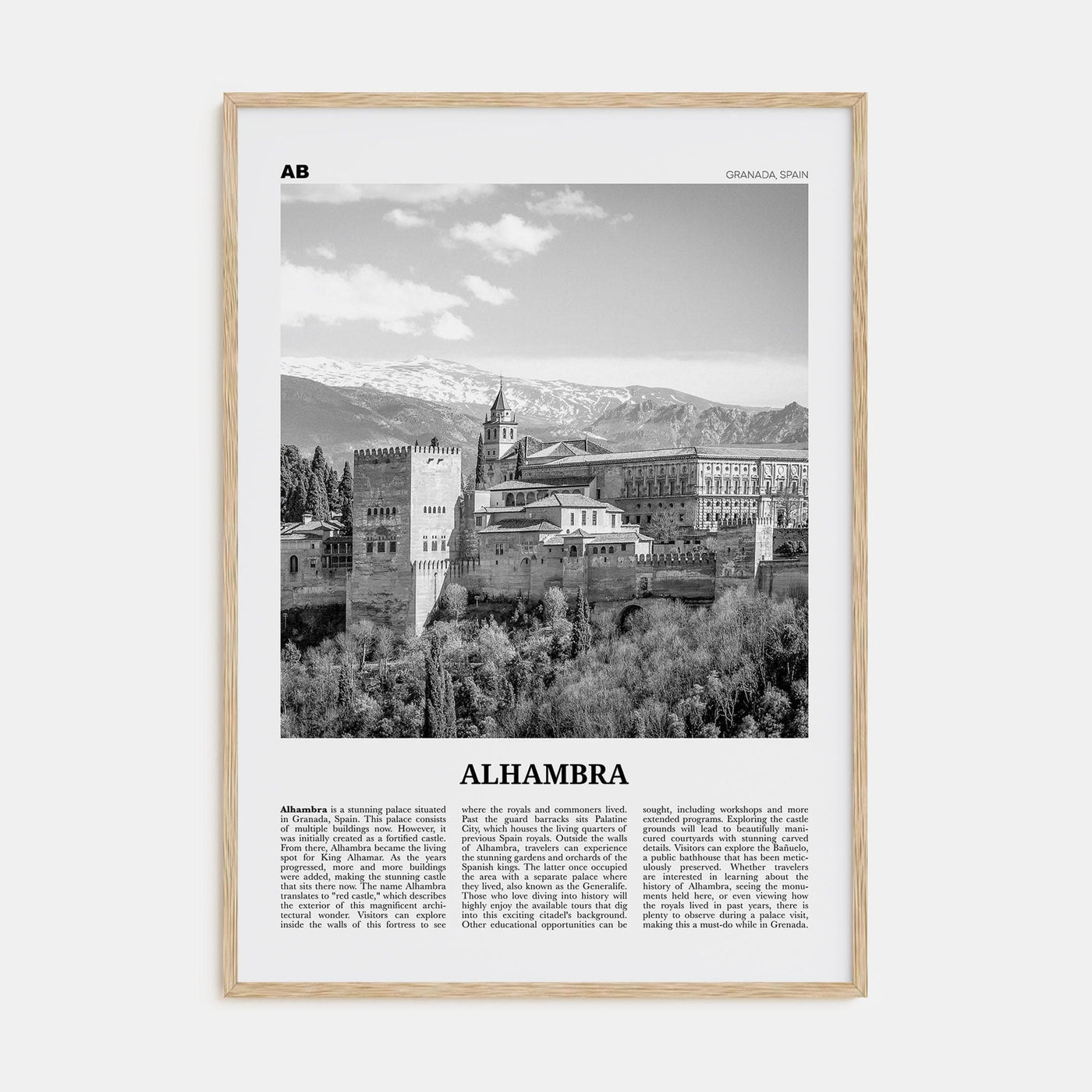 Alhambra Poster Natural Wood / 8x12 in Nbourhood Travel B&W Poster