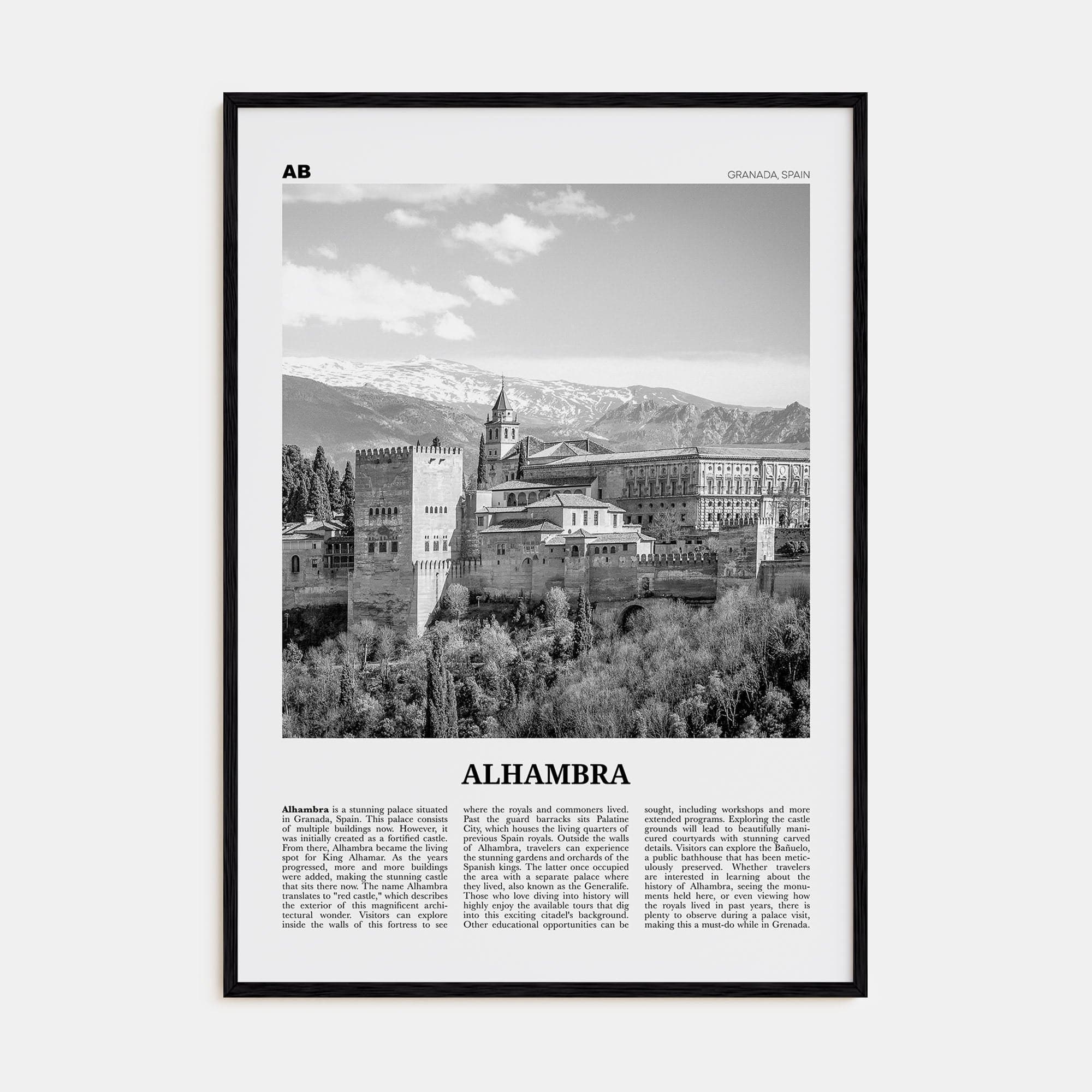 Alhambra Poster Black Wood / 8x12 in Nbourhood Travel B&W Poster