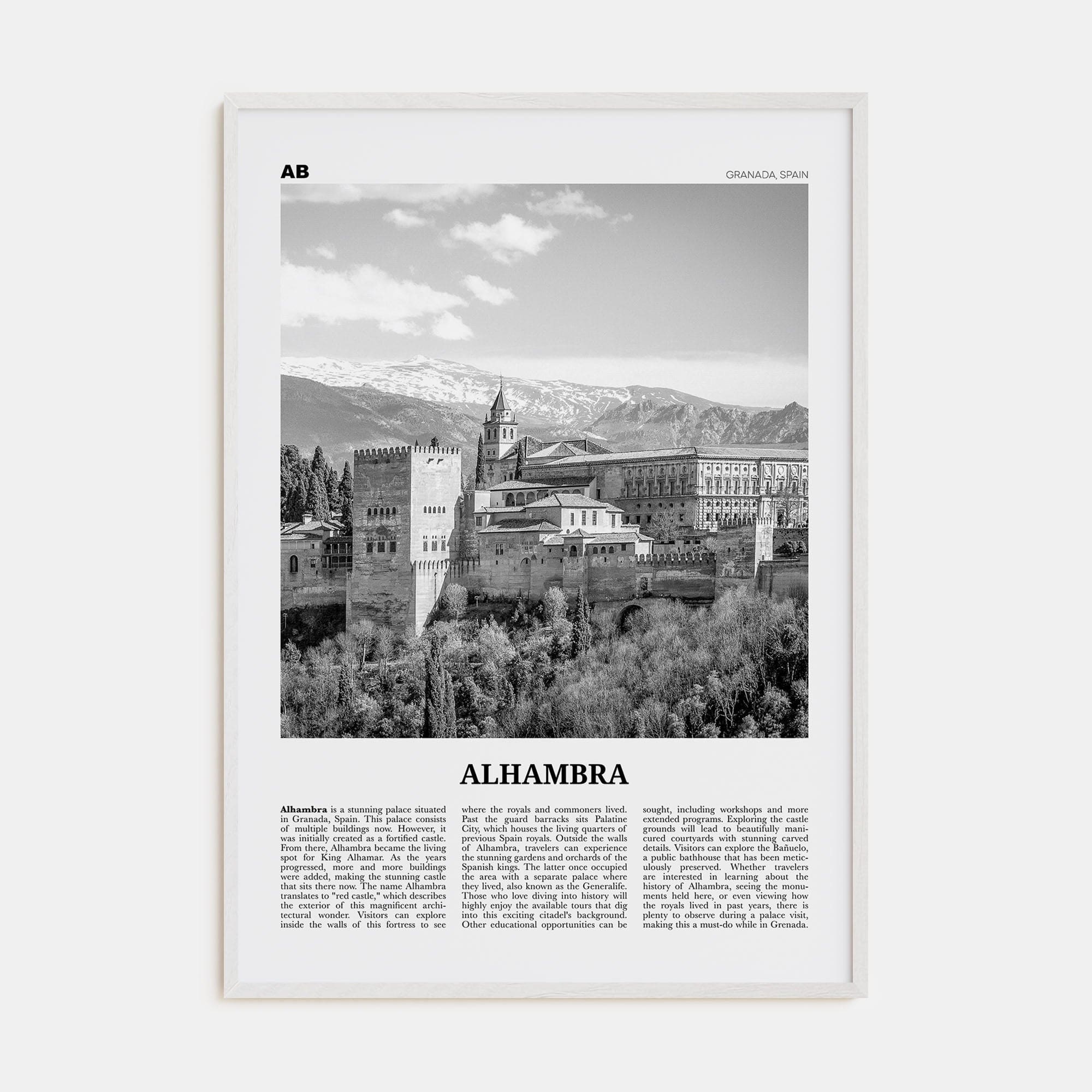 Alhambra Poster White Wood / 8x12 in Nbourhood Travel B&W Poster