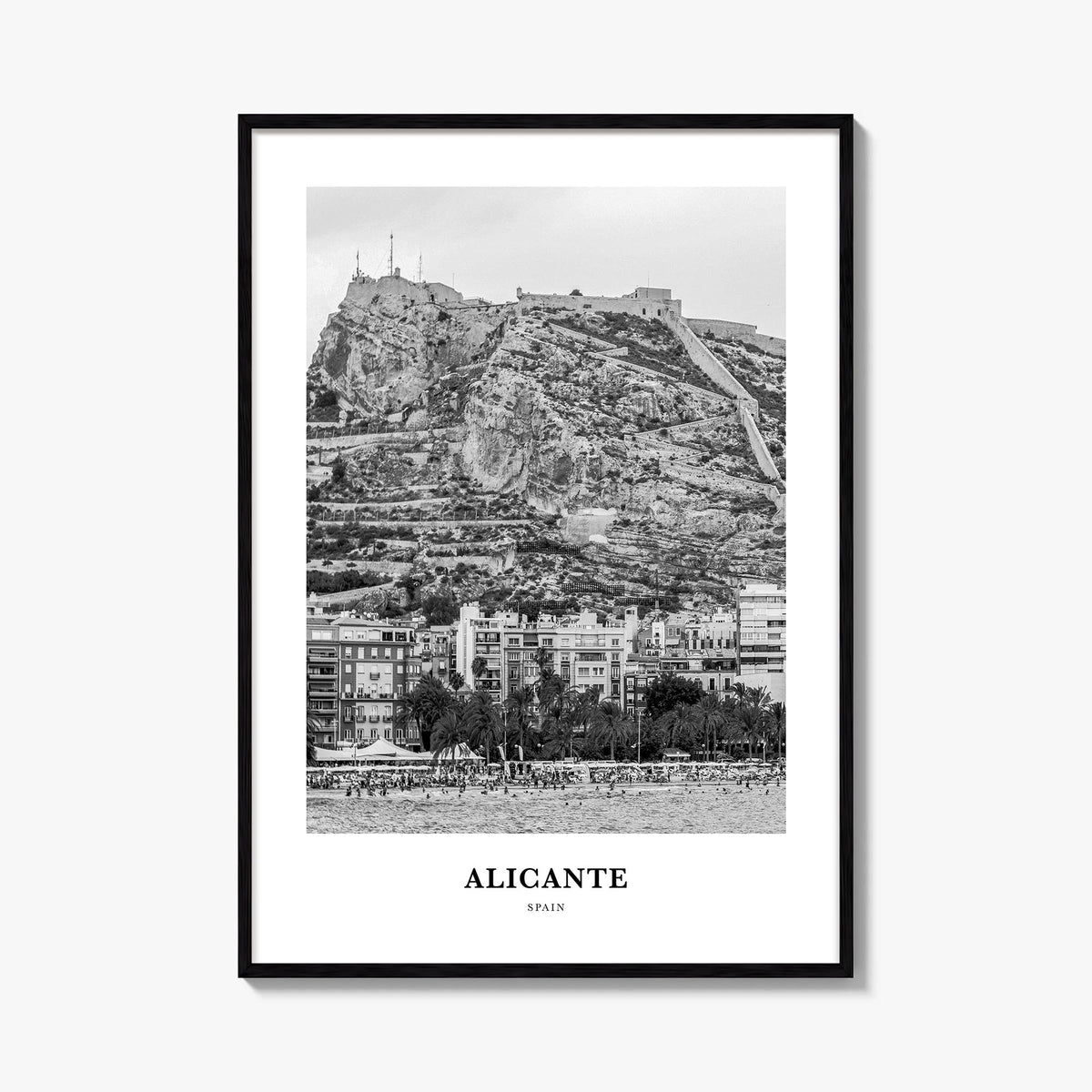 Alicante black & white classic poster of Spain – vertical wall art, unframed print shown in interior mockup