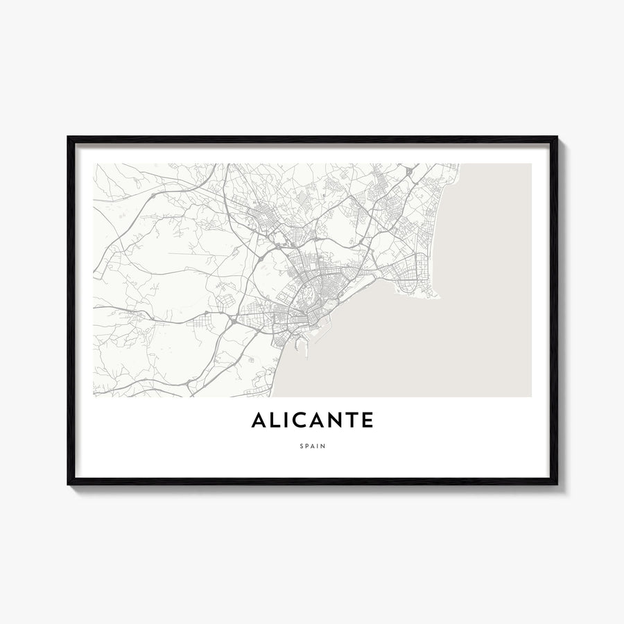 Alicante black & white map poster of Spain – horizontal wall art, unframed print shown in interior mockup