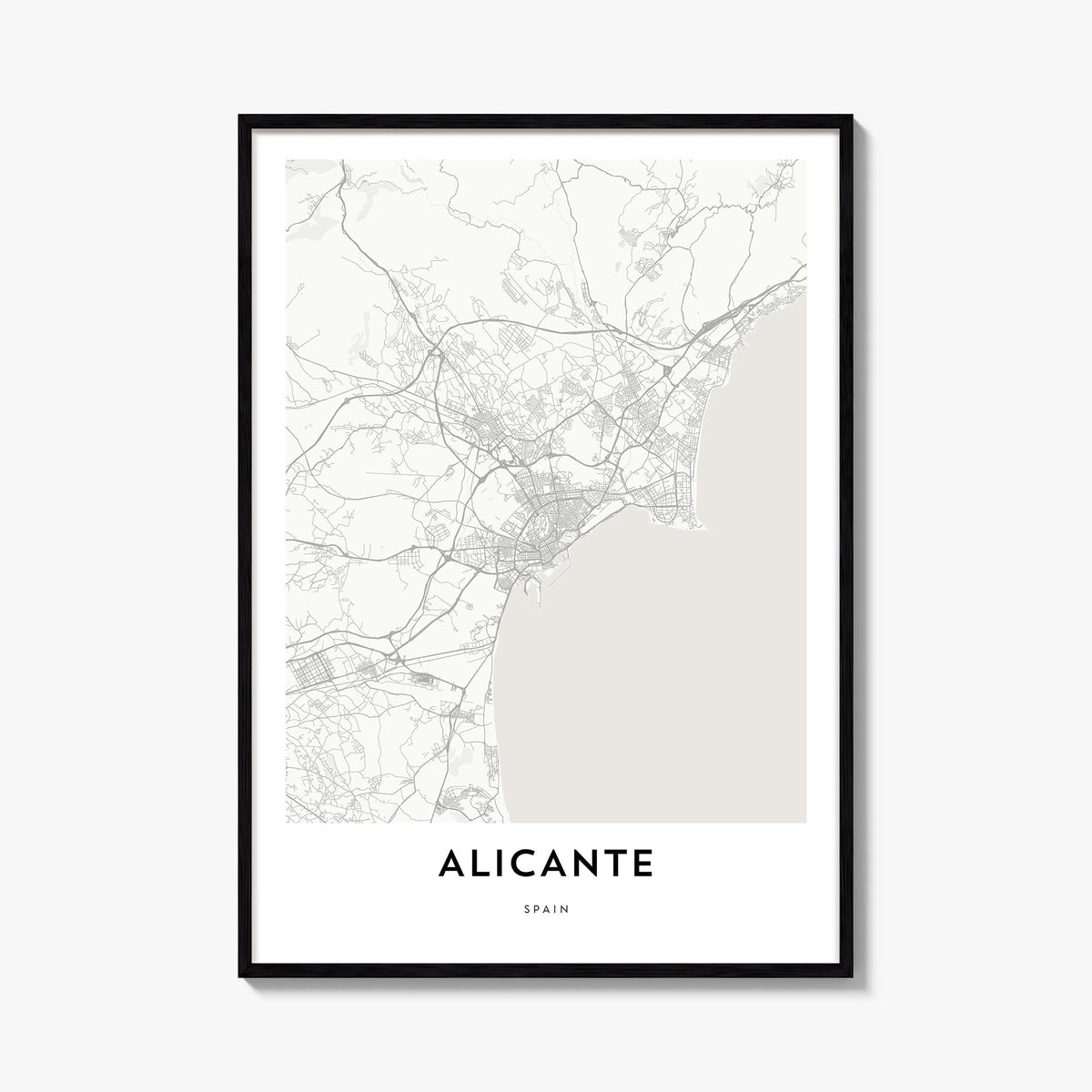 Alicante black & white map poster of Spain – vertical wall art, unframed print shown in interior mockup