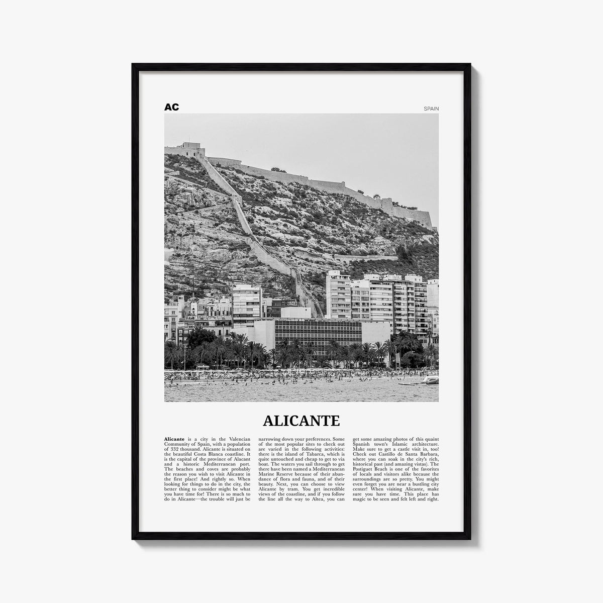 Alicante black & white newspaper poster of Spain – vertical wall art, unframed print shown in interior mockup