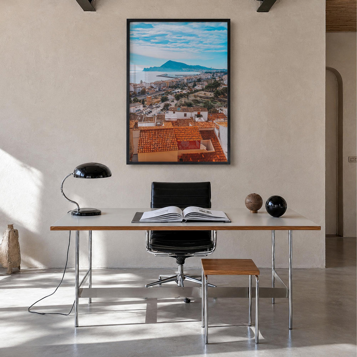Alicante colorful photo poster of Spain – vertical wall art in black wood frame, hanging on wall