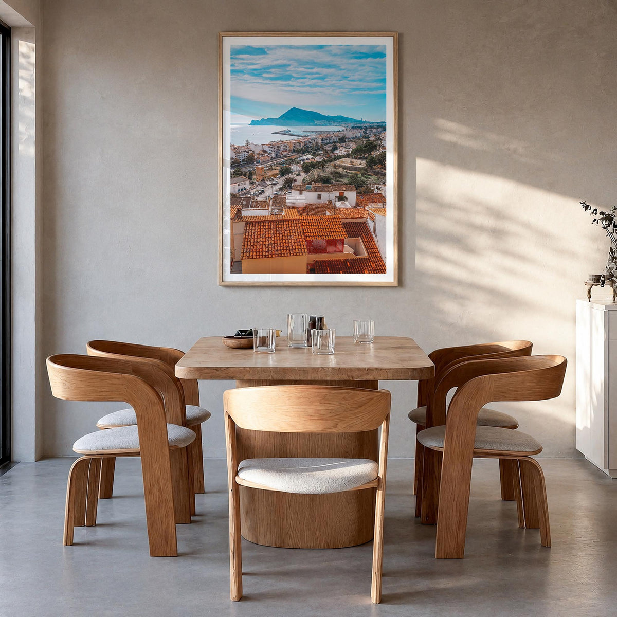 Alicante colorful photo poster of Spain – vertical wall art in natural wood frame with white border, hanging on wall