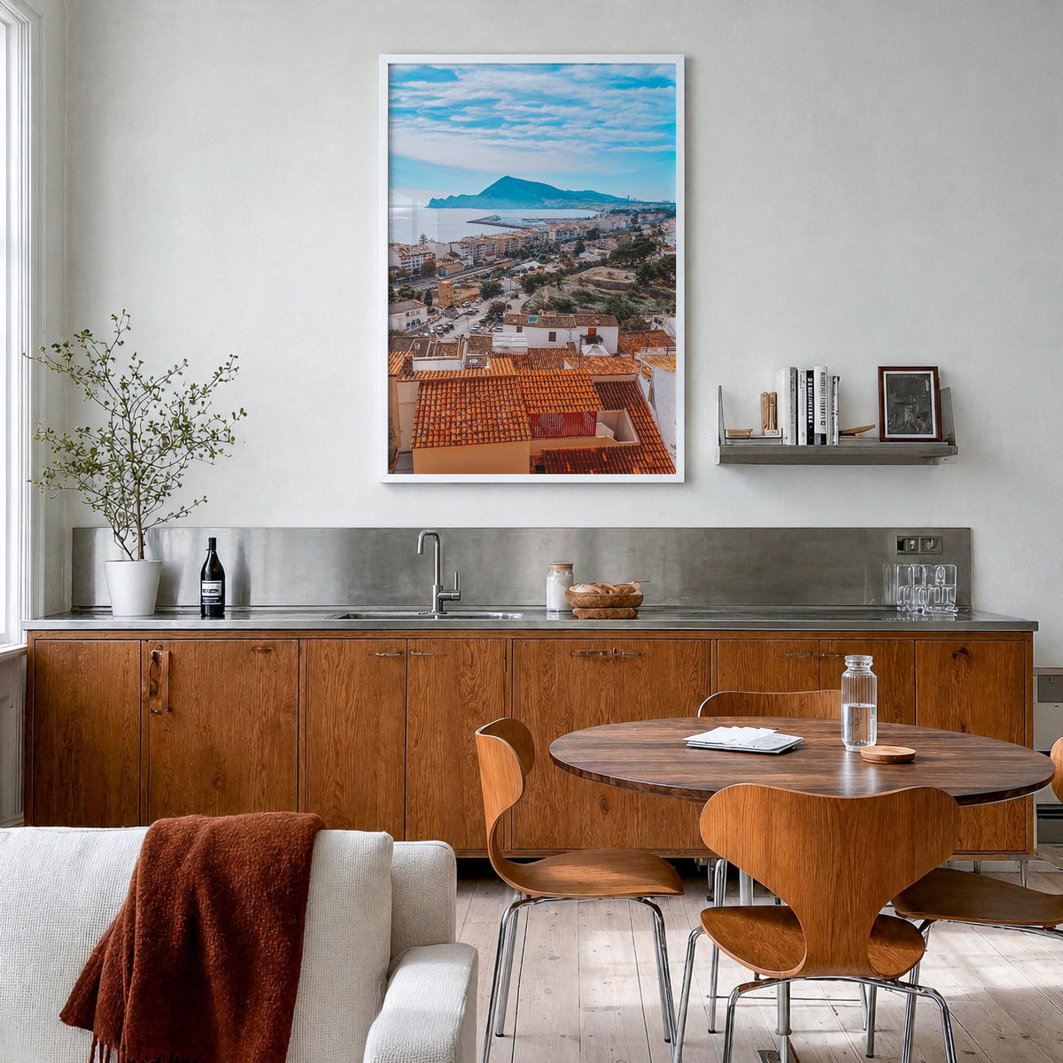 Alicante colorful photo poster of Spain – vertical wall art in white wood frame, hanging on wall