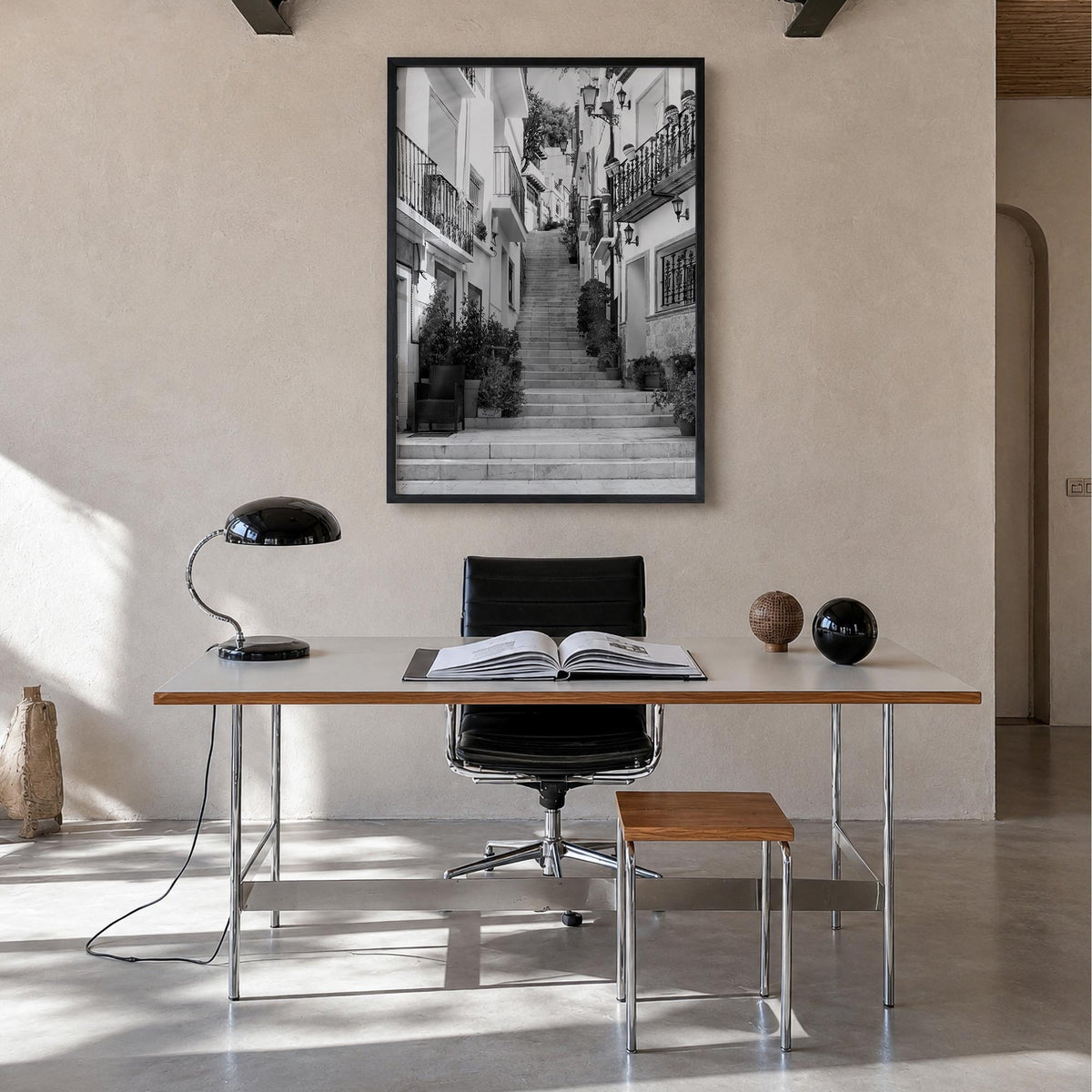 Alicante no. 1 black & white photo poster of Spain – vertical wall art in black wood frame, hanging on wall