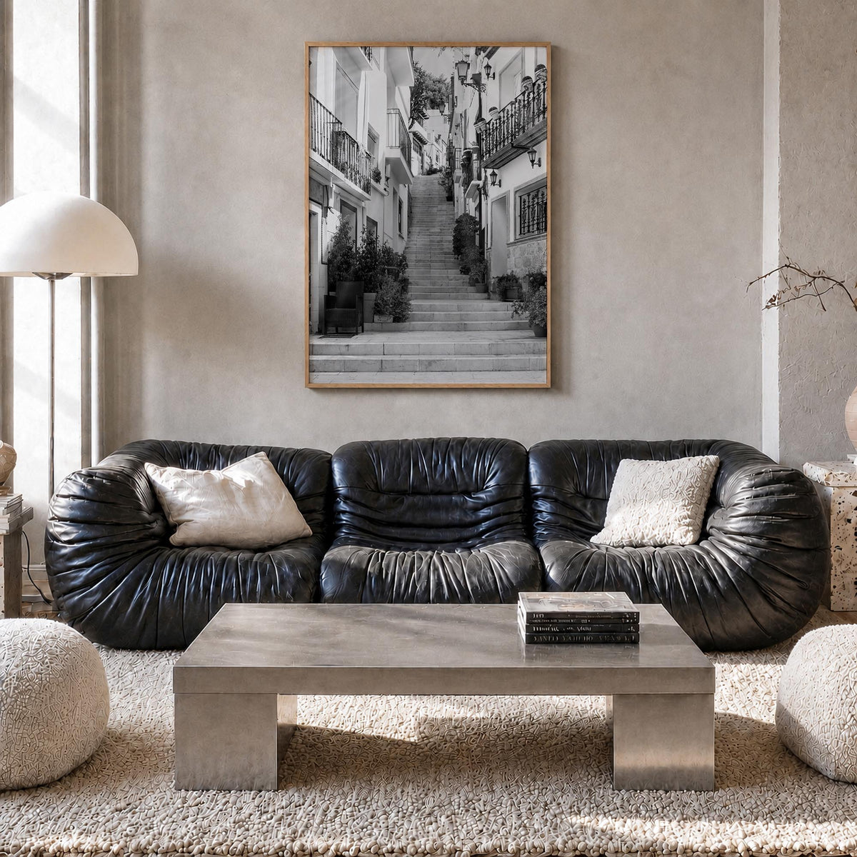 Alicante no. 1 black & white photo poster of Spain – vertical wall art in natural wood frame, hanging on wall
