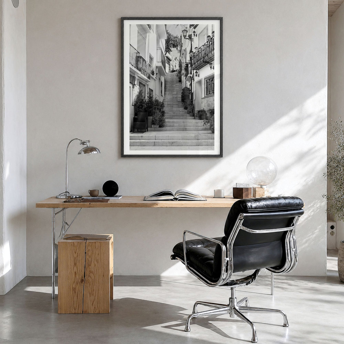 Alicante Photo No 2 Poster in a black wood frame, hanging in a bright home office, white border
