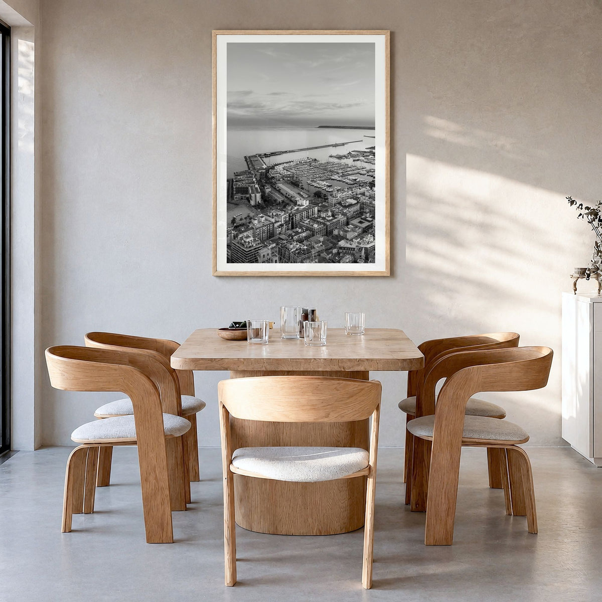 Alicante Photo No 1 Poster in a natural wood frame, hanging in a dining room, white border