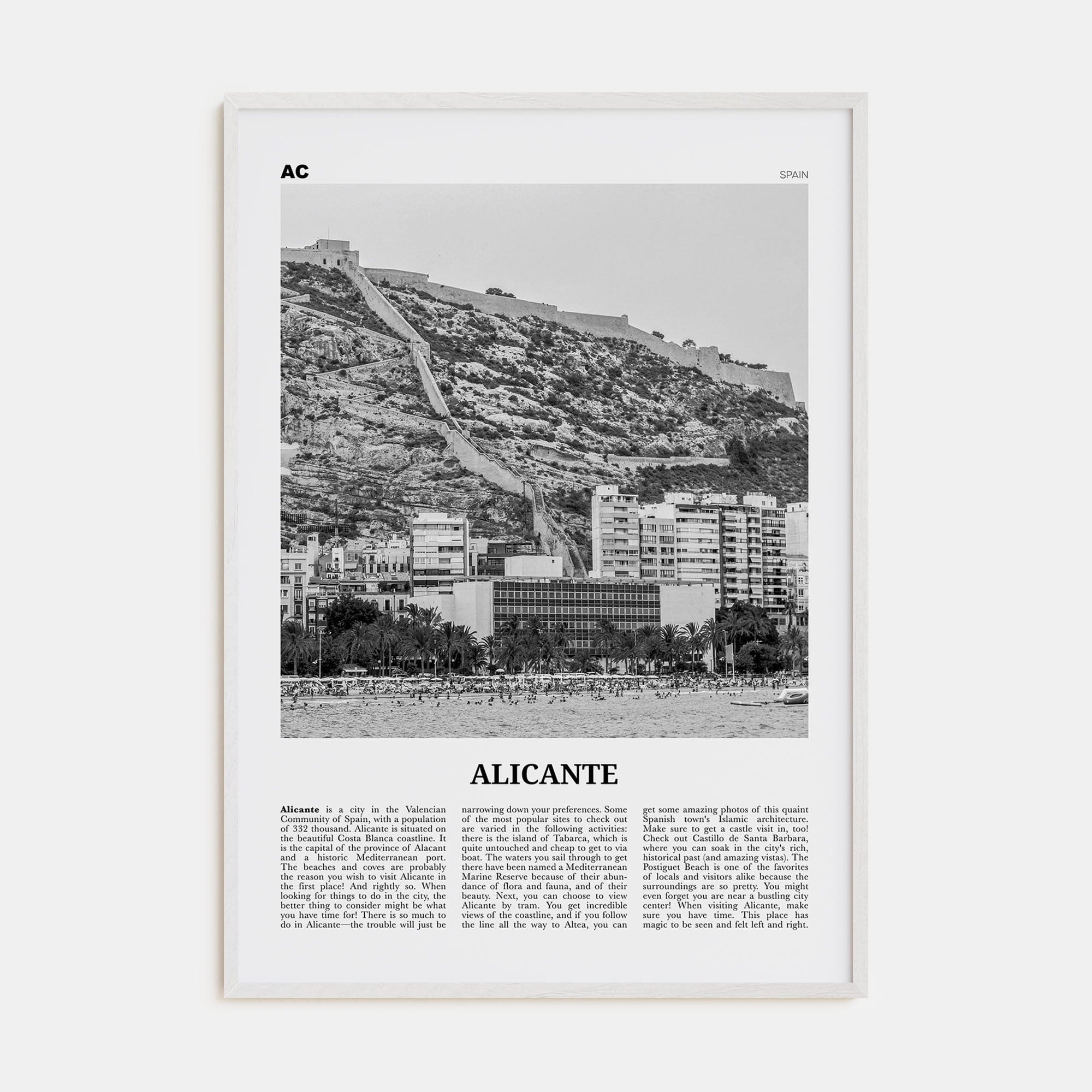 Alicante Poster White Wood / 8x12 in Nbourhood Travel B&W Poster