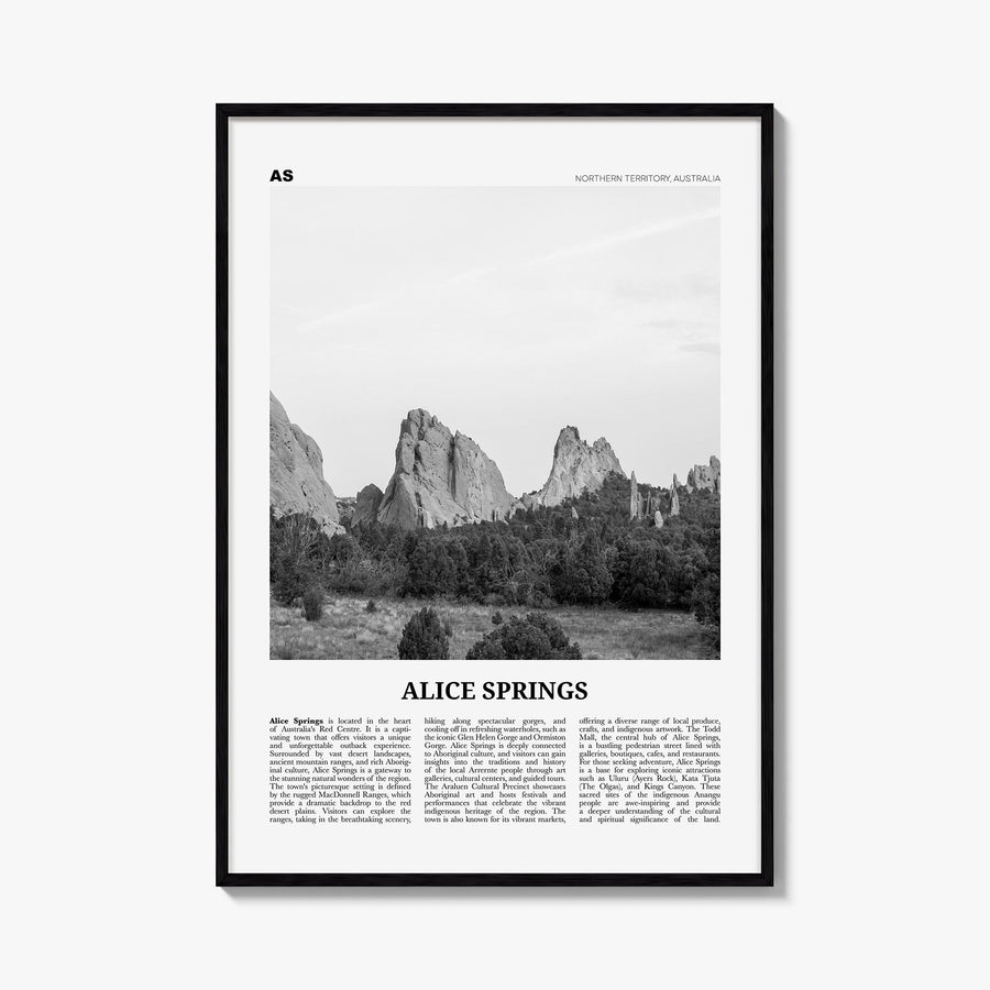 Alice Springs black & white newspaper poster of Australia – vertical wall art, unframed print shown in interior mockup