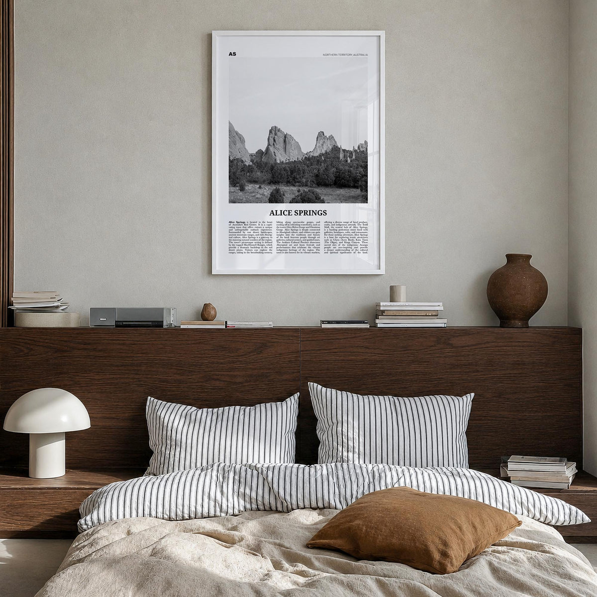Alice Springs black & white newspaper poster of Australia – vertical wall art in white wood frame, hanging on wall