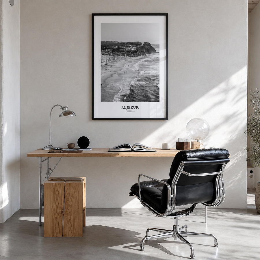 Aljezur black & white classic poster of Portugal – vertical wall art in black wood frame, hanging on wall