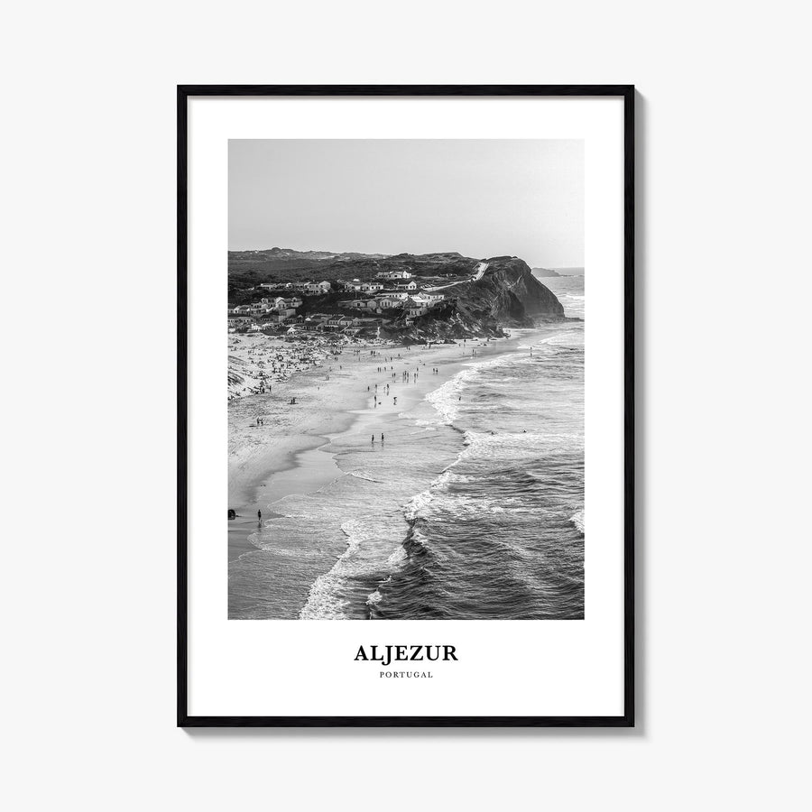 Aljezur black & white classic poster of Portugal – vertical wall art, unframed print shown in interior mockup