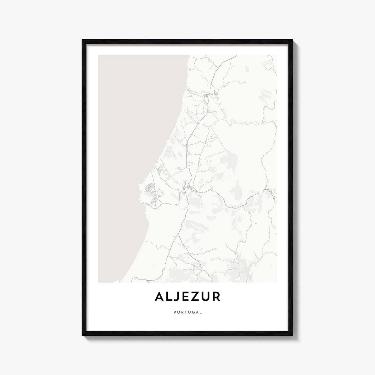 Aljezur black & white map poster of Portugal – vertical wall art, unframed print shown in interior mockup