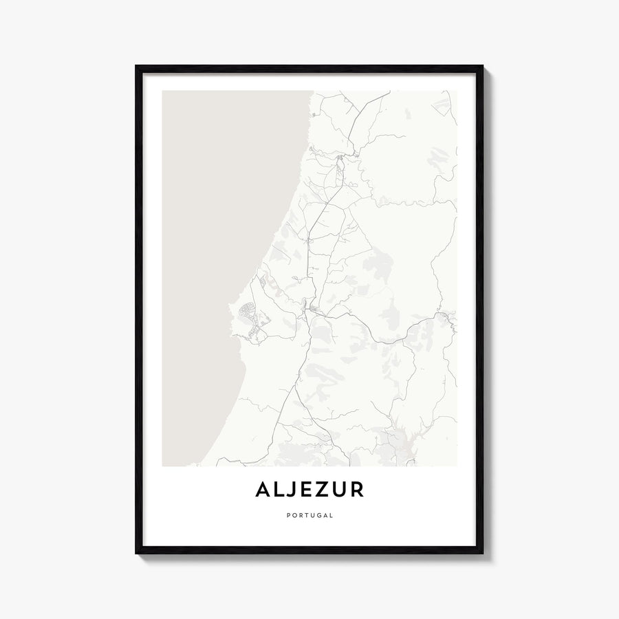 Aljezur black & white map poster of Portugal – vertical wall art, unframed print shown in interior mockup