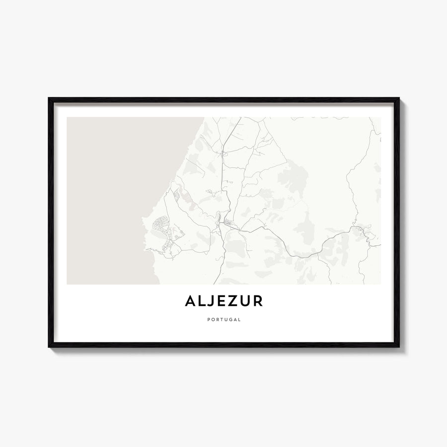 Aljezur black & white map poster of Portugal – horizontal wall art, unframed print shown in interior mockup