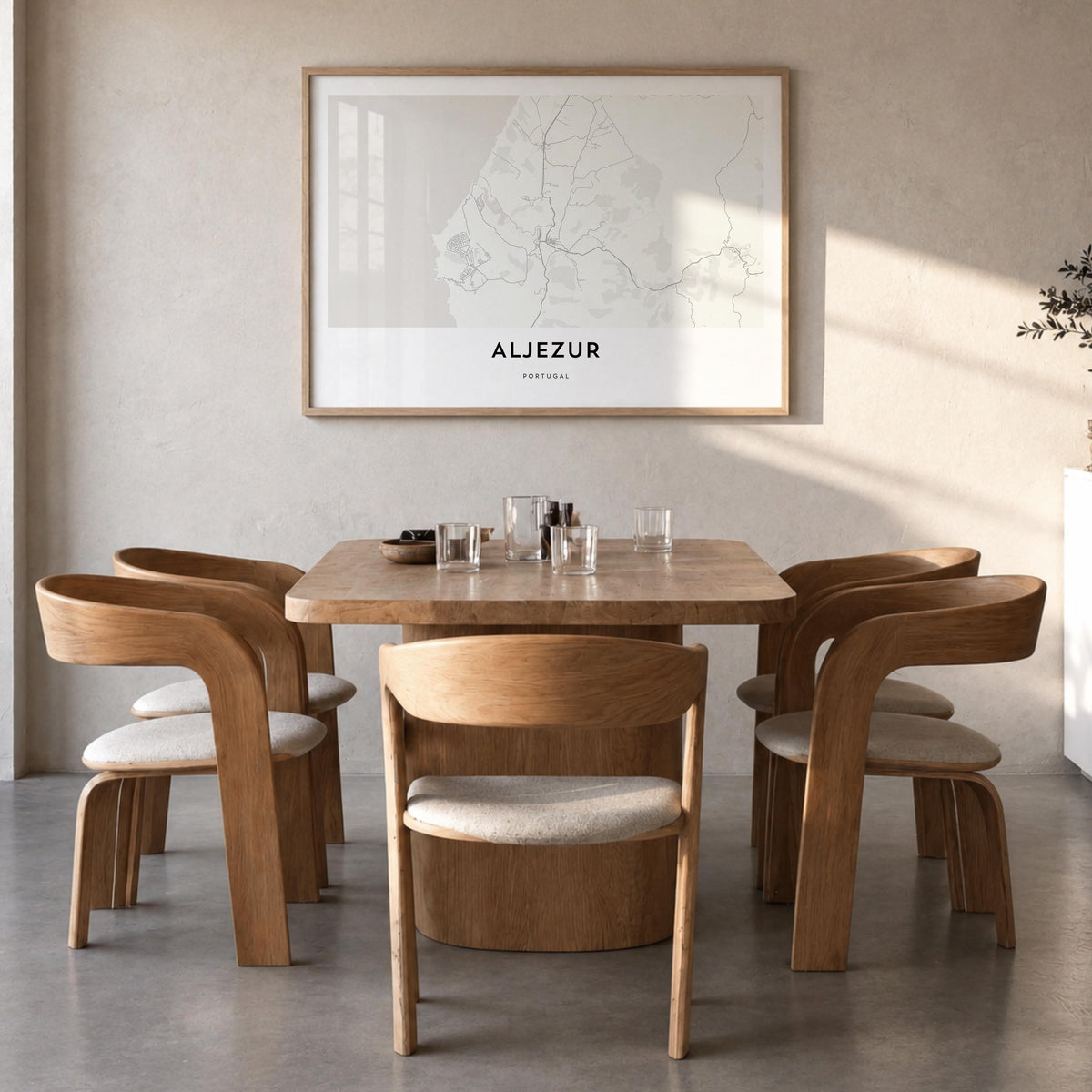 Aljezur black & white map poster of Portugal – horizontal wall art in natural wood frame, hanging on wall