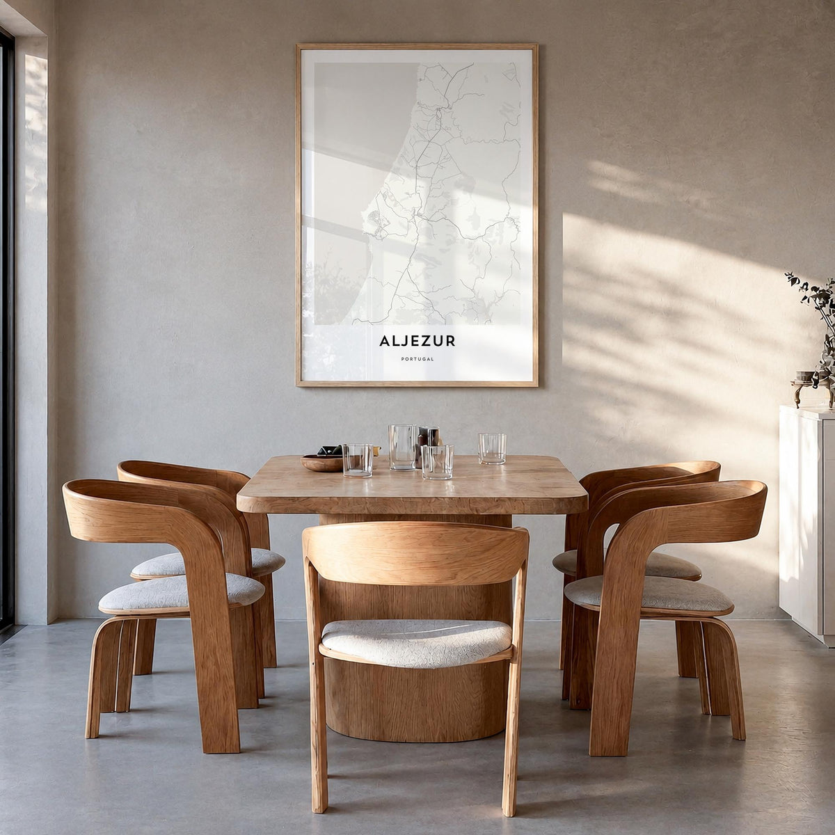 Aljezur black & white map poster of Portugal – vertical wall art in natural wood frame, hanging on wall