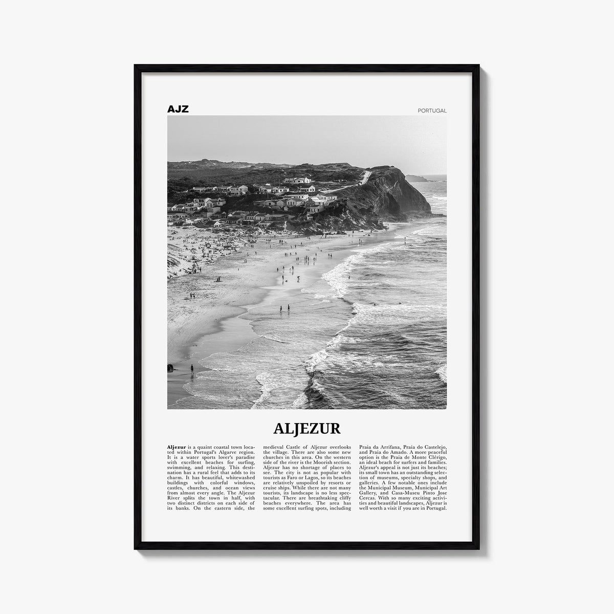 Aljezur black & white newspaper poster of Portugal – vertical wall art, unframed print shown in interior mockup