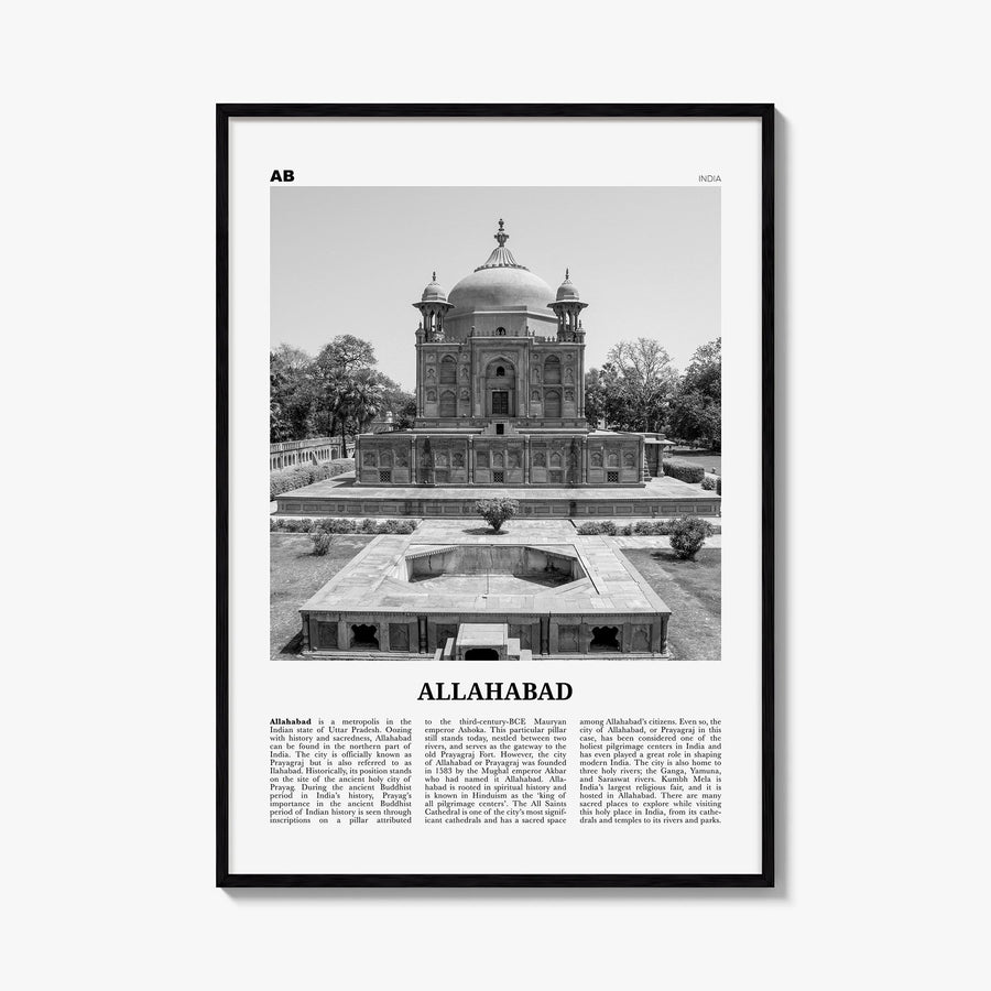 Allahabad black & white newspaper poster of India – vertical wall art, unframed print shown in interior mockup