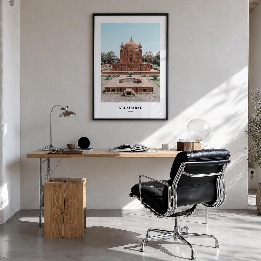 Allahabad colorful classic poster of India – vertical wall art in black wood frame, hanging on wall
