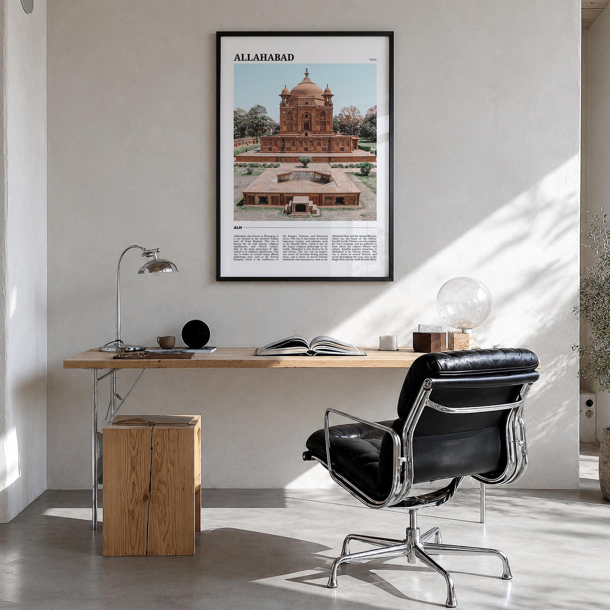 Allahabad colorful travel poster of India – vertical wall art in black wood frame, hanging on wall