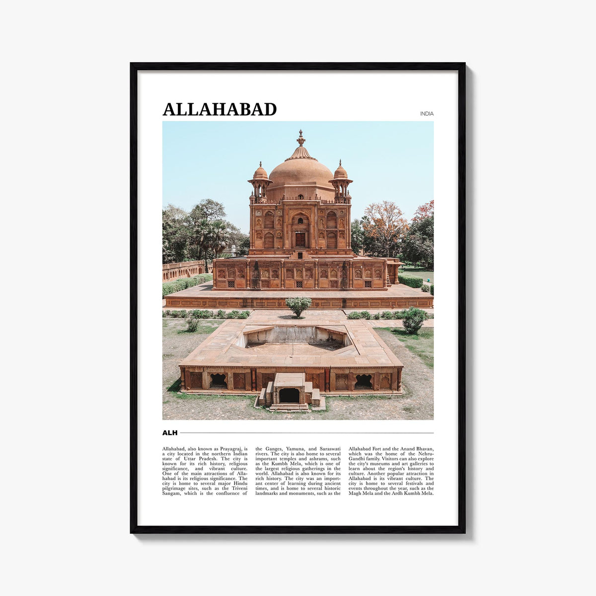 Allahabad colorful travel poster of India – vertical wall art, unframed print shown in interior mockup