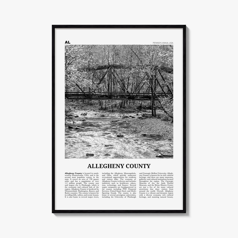 Allegheny County black & white newspaper poster of Pennsylvania, USA – vertical wall art, unframed print shown in interior mo
