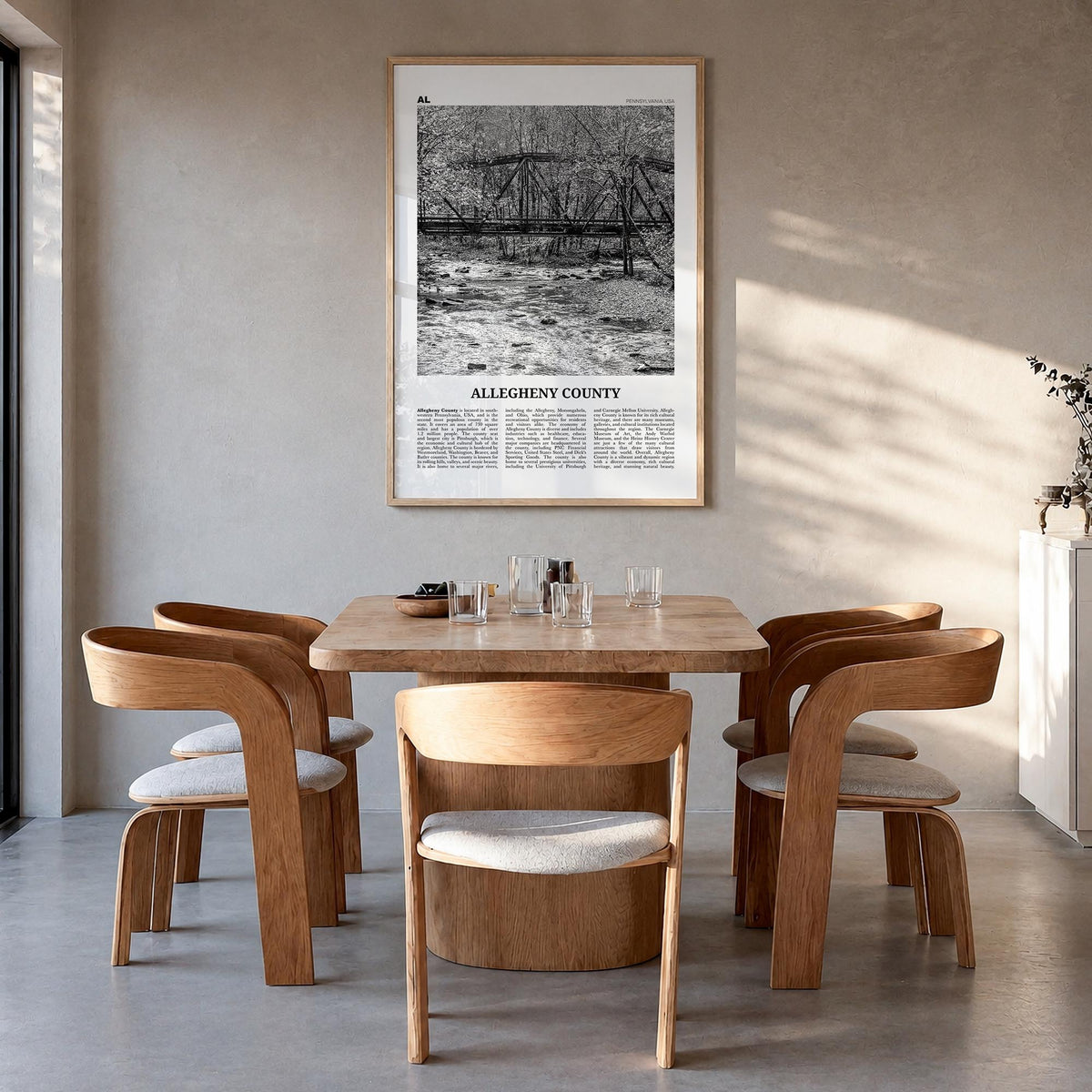 Allegheny County black & white newspaper poster of Pennsylvania, USA – vertical wall art in natural wood frame, hanging on wa