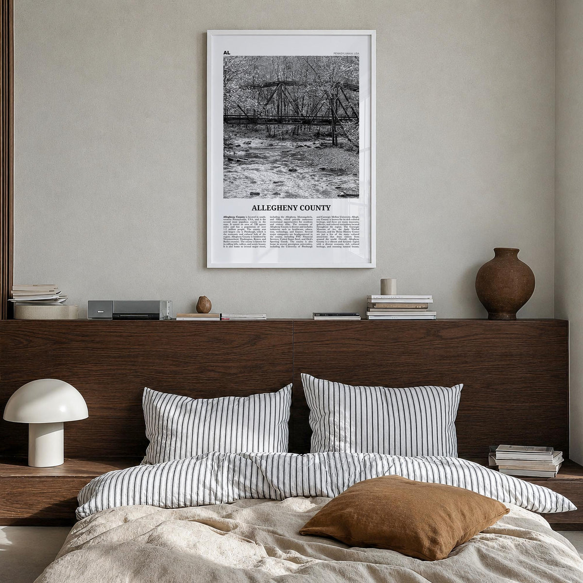 Allegheny County black & white newspaper poster of Pennsylvania, USA – vertical wall art in white wood frame, hanging on wall