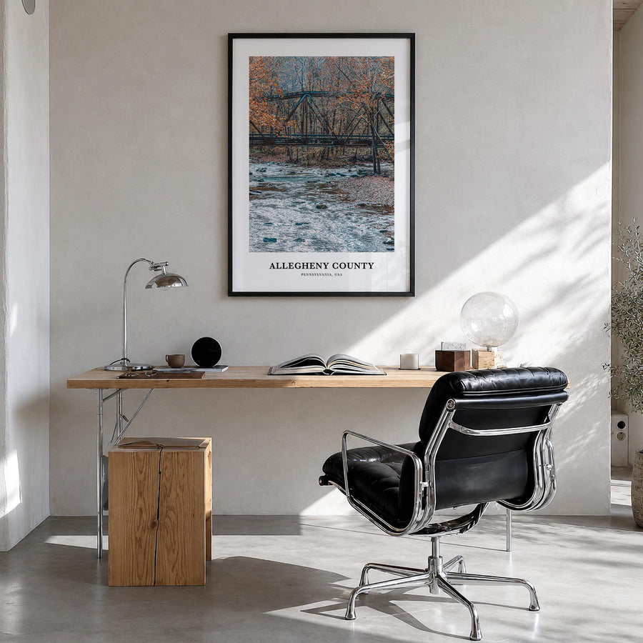 Allegheny County colorful classic poster of Pennsylvania, USA – vertical wall art in black wood frame, hanging on wall