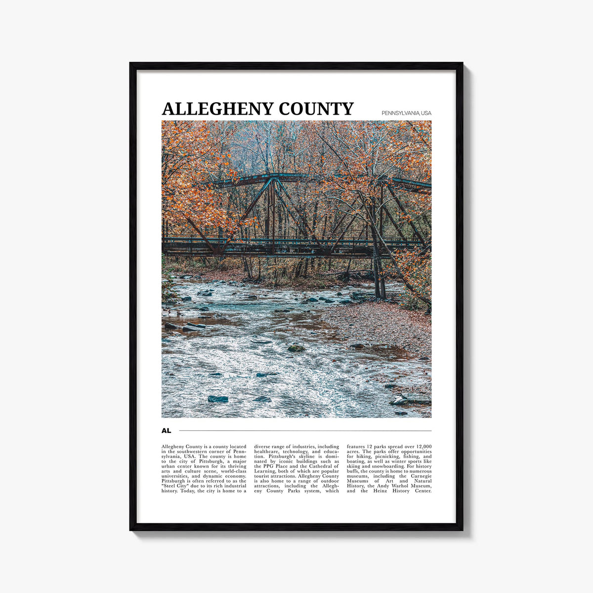 Allegheny County colorful travel poster of Pennsylvania, USA – vertical wall art, unframed print shown in interior mockup