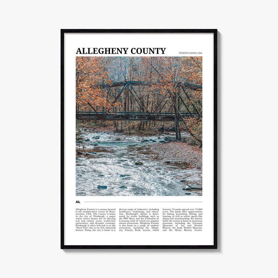 Allegheny County colorful travel poster of Pennsylvania, USA – vertical wall art, unframed print shown in interior mockup