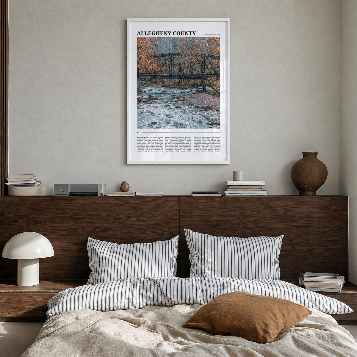 Allegheny County colorful travel poster of Pennsylvania, USA – vertical wall art in white wood frame, hanging on wall