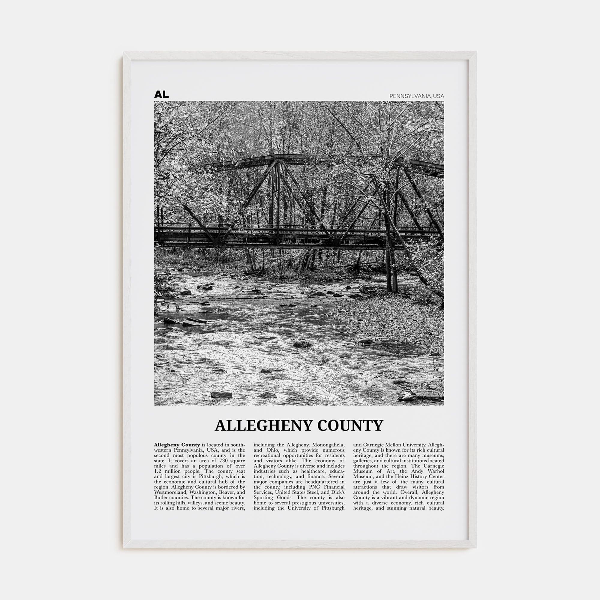 Allegheny County Poster White Wood / 8x12 in Nbourhood Travel B&W Poster