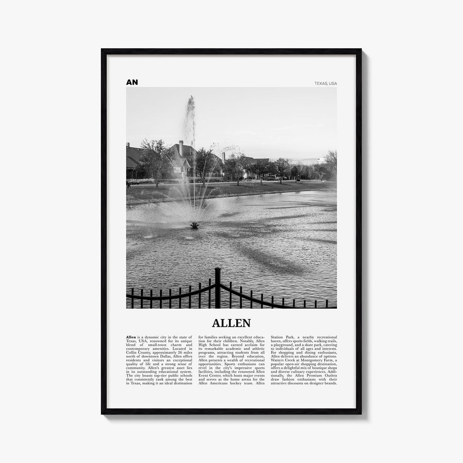 Allen black & white newspaper poster of Texas, USA – vertical wall art, unframed print shown in interior mockup