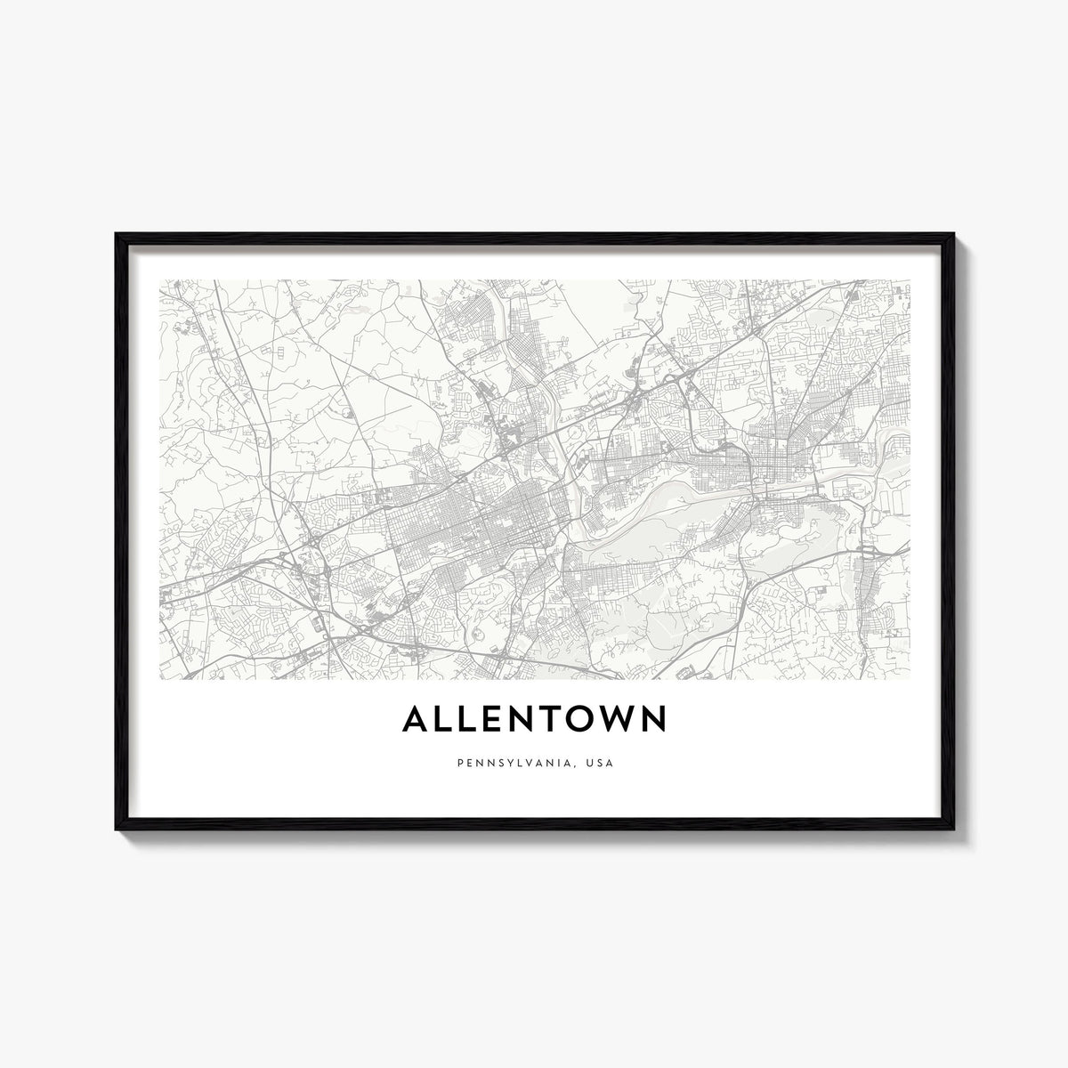 Allentown black & white map poster of Pennsylvania, USA – horizontal wall art, unframed print shown in interior mockup