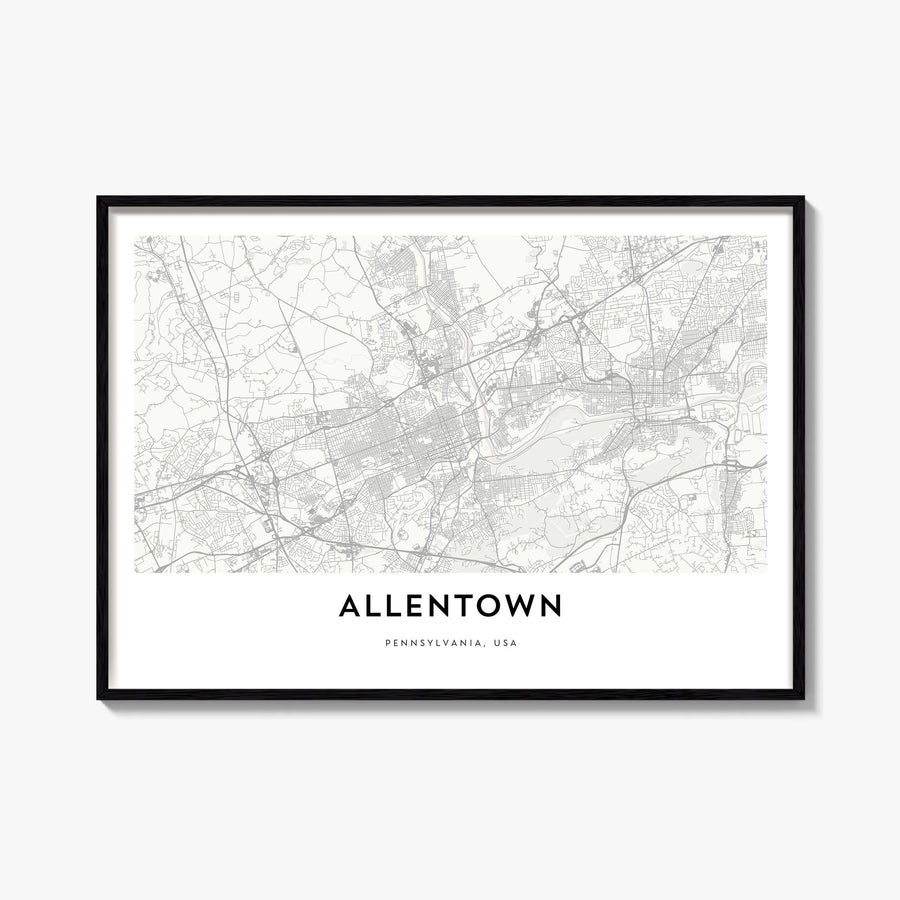 Allentown black & white map poster of Pennsylvania, USA – horizontal wall art, unframed print shown in interior mockup