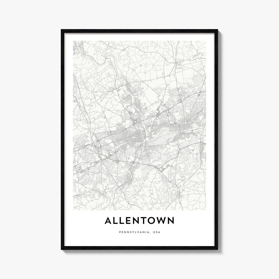 Allentown black & white map poster of Pennsylvania, USA – vertical wall art, unframed print shown in interior mockup