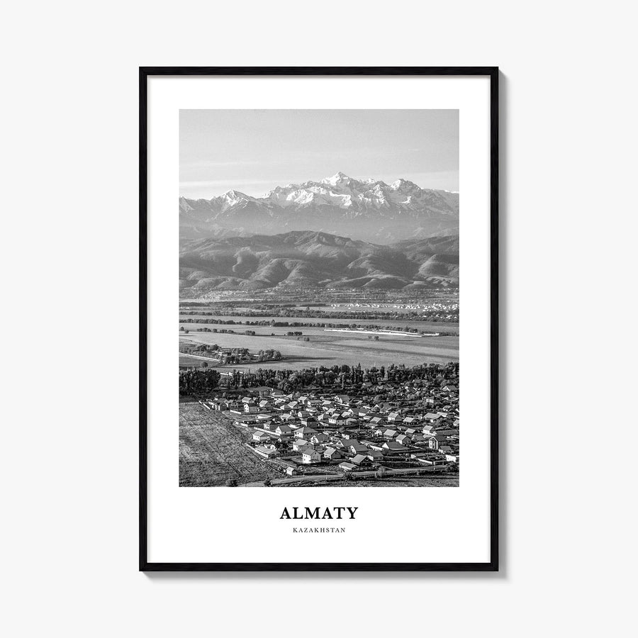 Almaty black & white classic poster of Kazakhstan – vertical wall art, unframed print shown in interior mockup