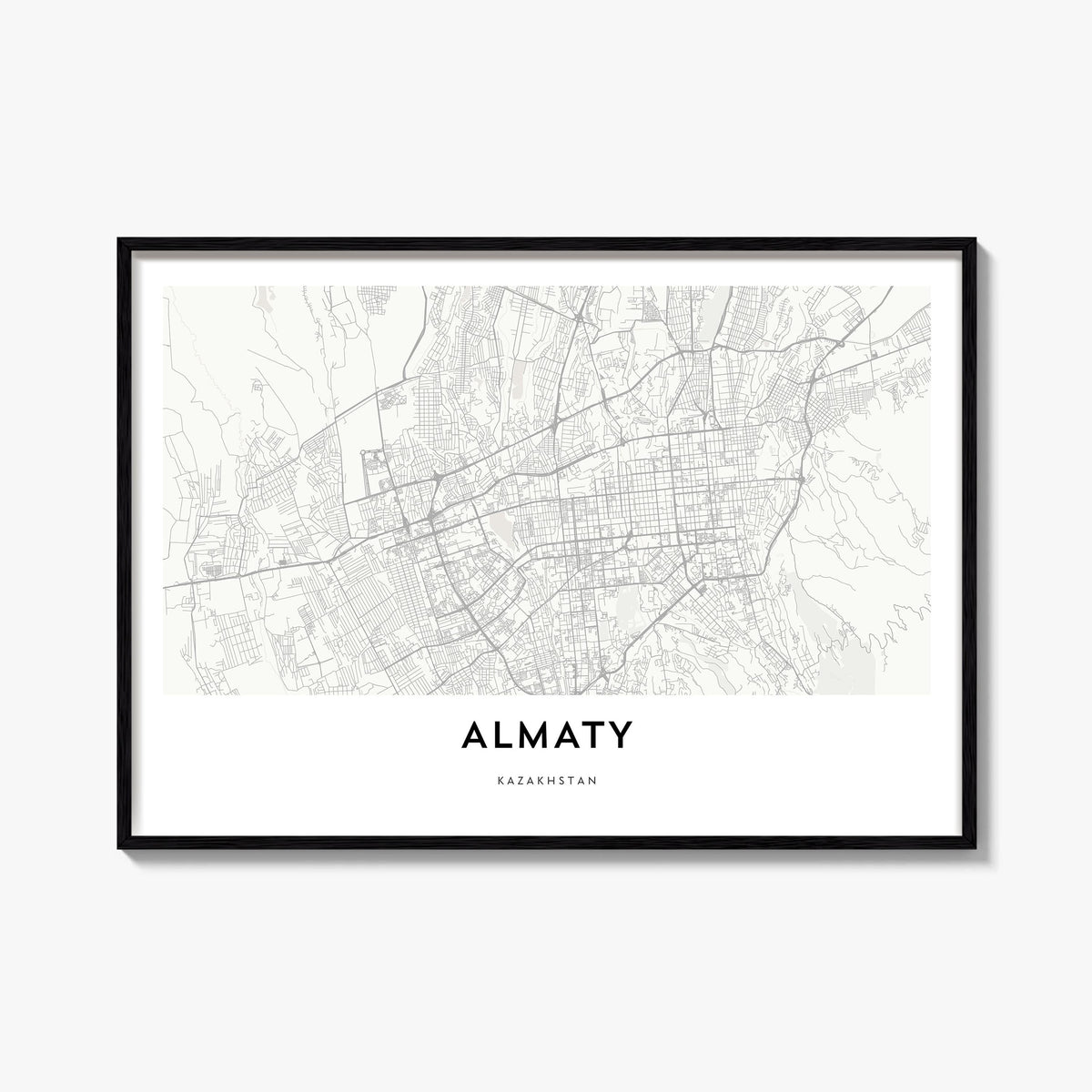 Almaty black & white map poster of Kazakhstan – horizontal wall art, unframed print shown in interior mockup
