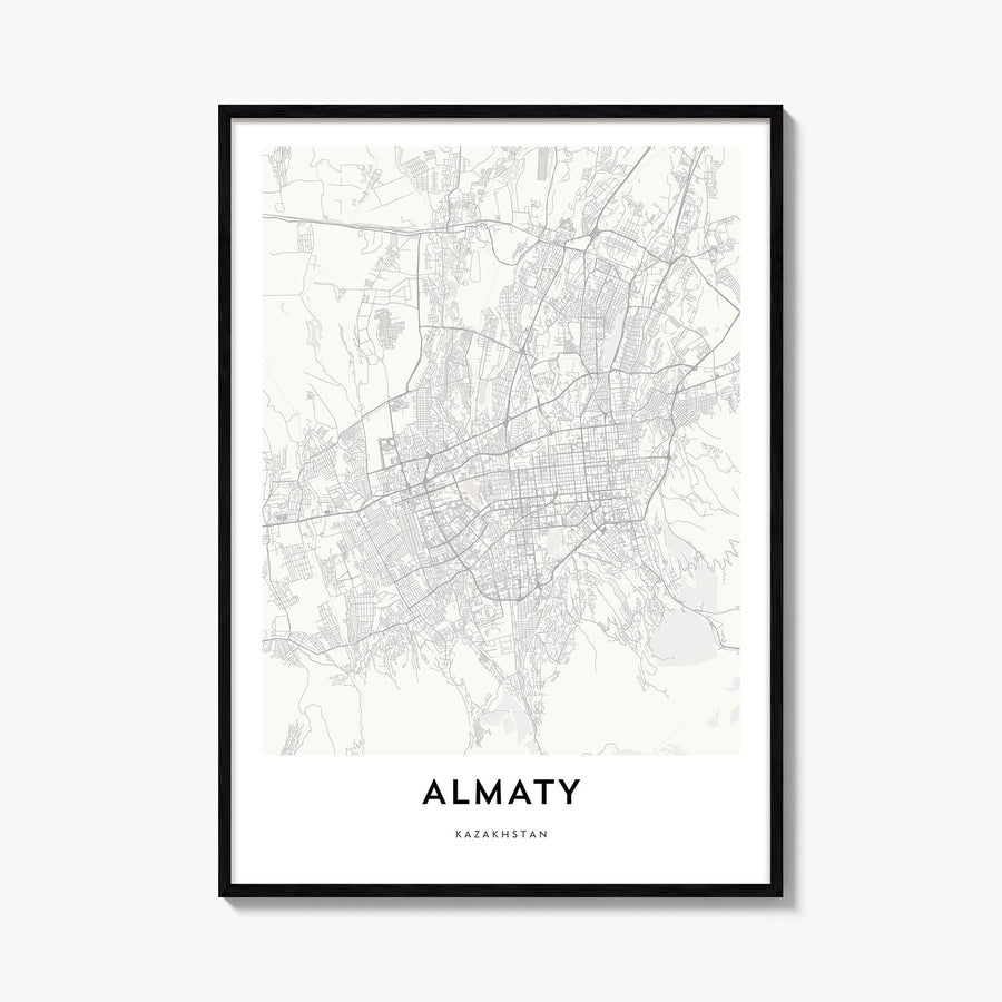 Almaty black & white map poster of Kazakhstan – vertical wall art, unframed print shown in interior mockup