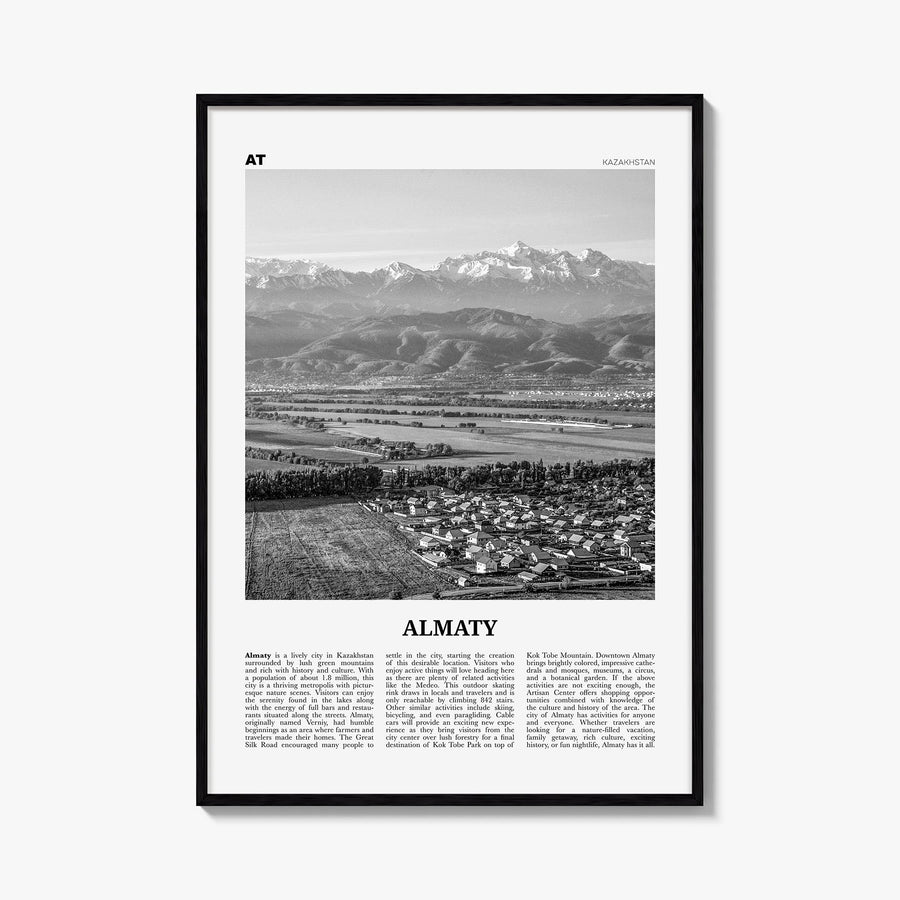 Almaty black & white newspaper poster of Kazakhstan – vertical wall art, unframed print shown in interior mockup