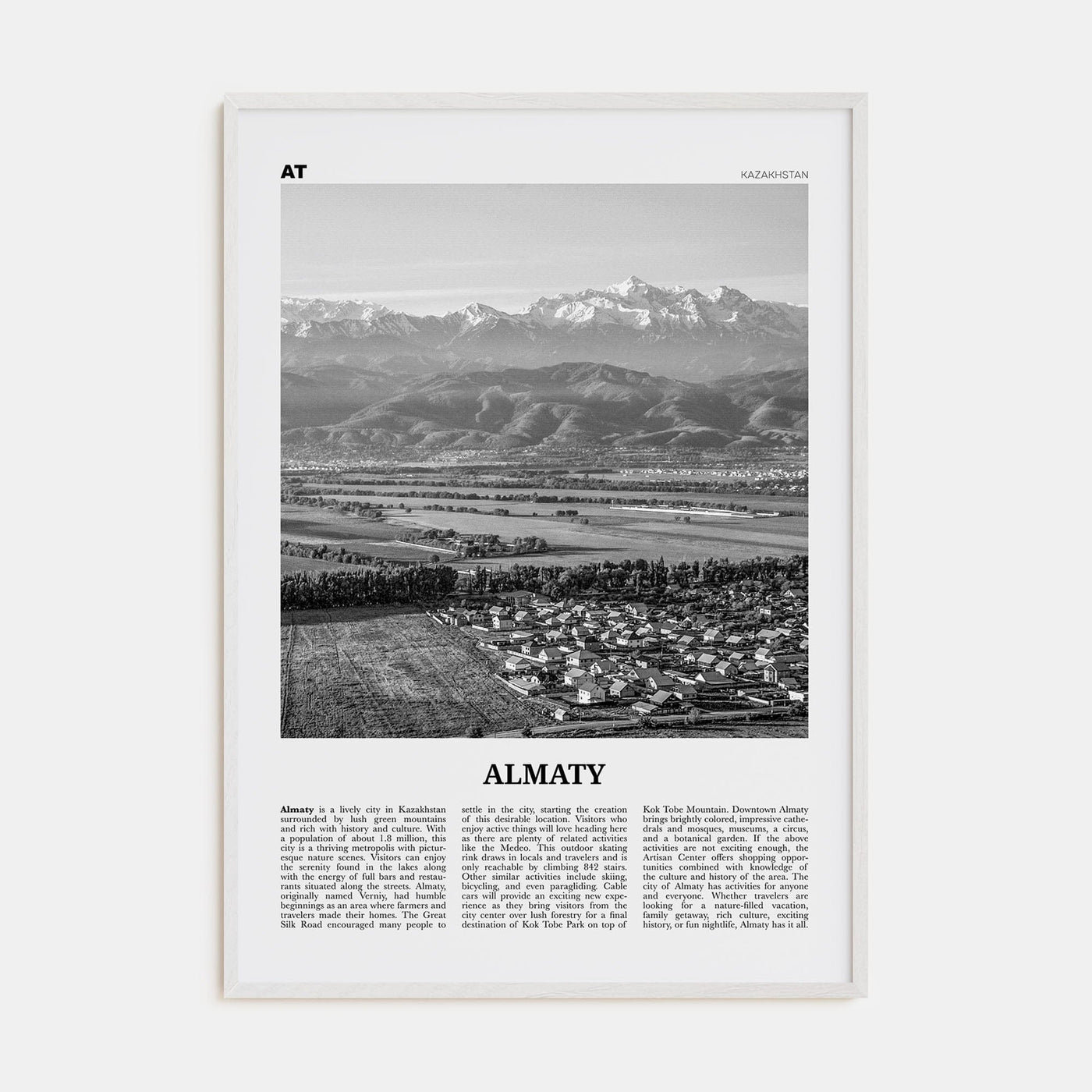 Almaty Poster White Wood / 8x12 in Nbourhood Travel B&W Poster