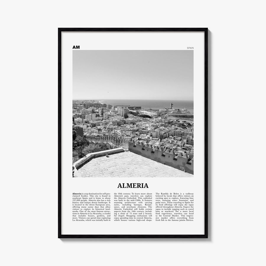 Almería black & white newspaper poster of Spain – vertical wall art, unframed print shown in interior mockup